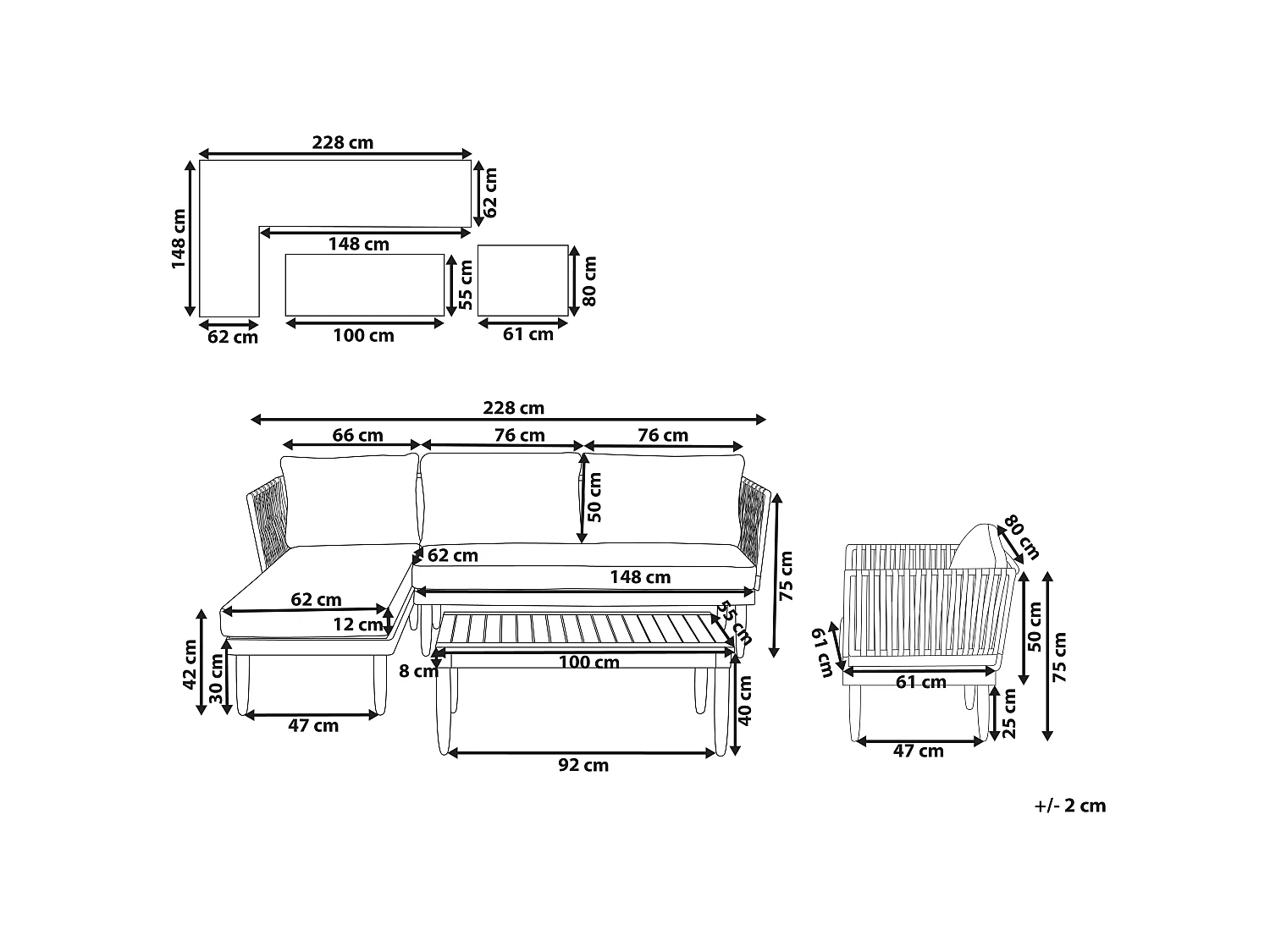 Set da giardino con tavolo 4 posti CREMONA Lato destro Legno d'acacia Bianco sporco