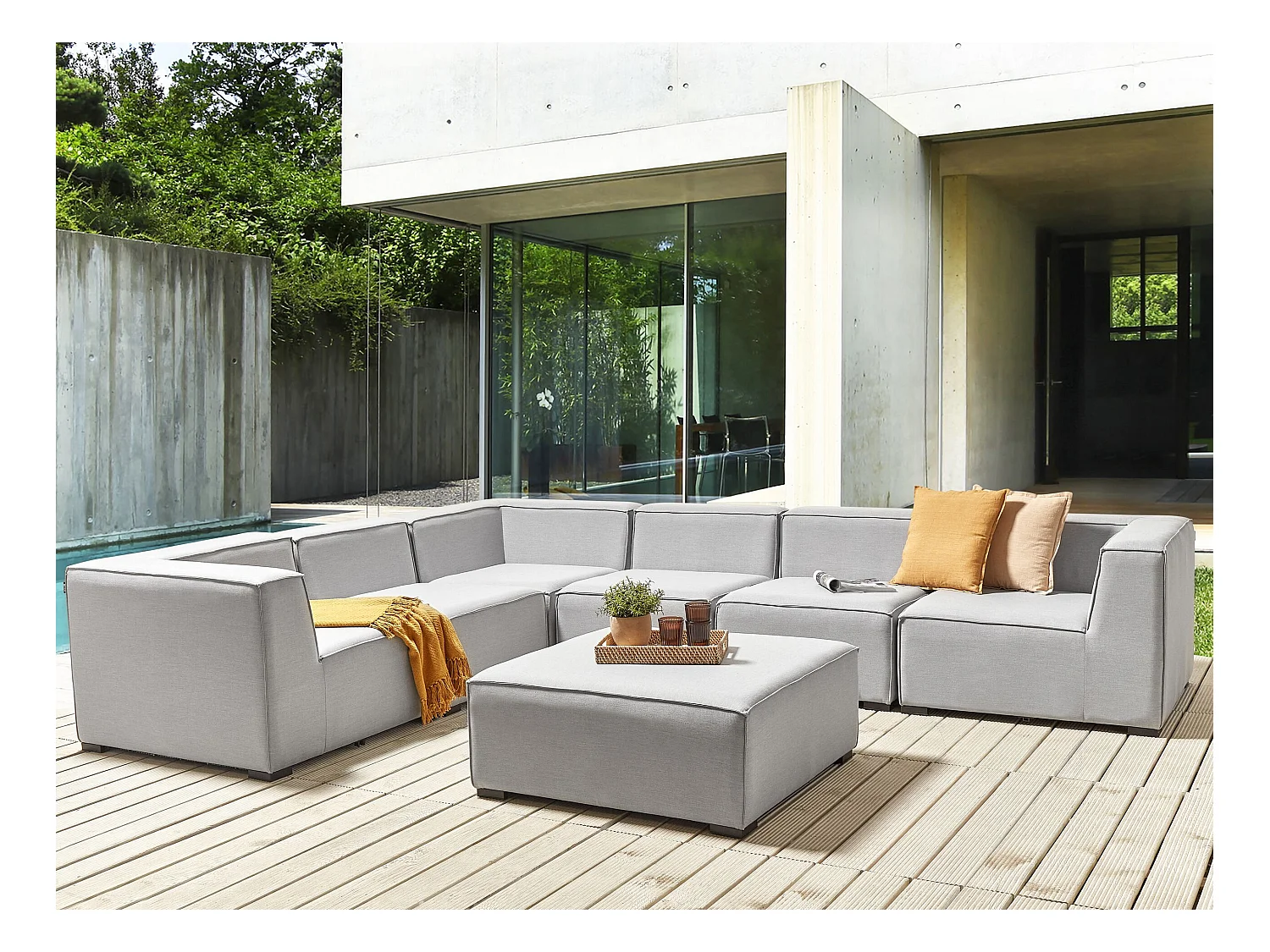 Canapé d'angle de jardin avec ottoman 7 places AREZZO Côté droit Gris clair