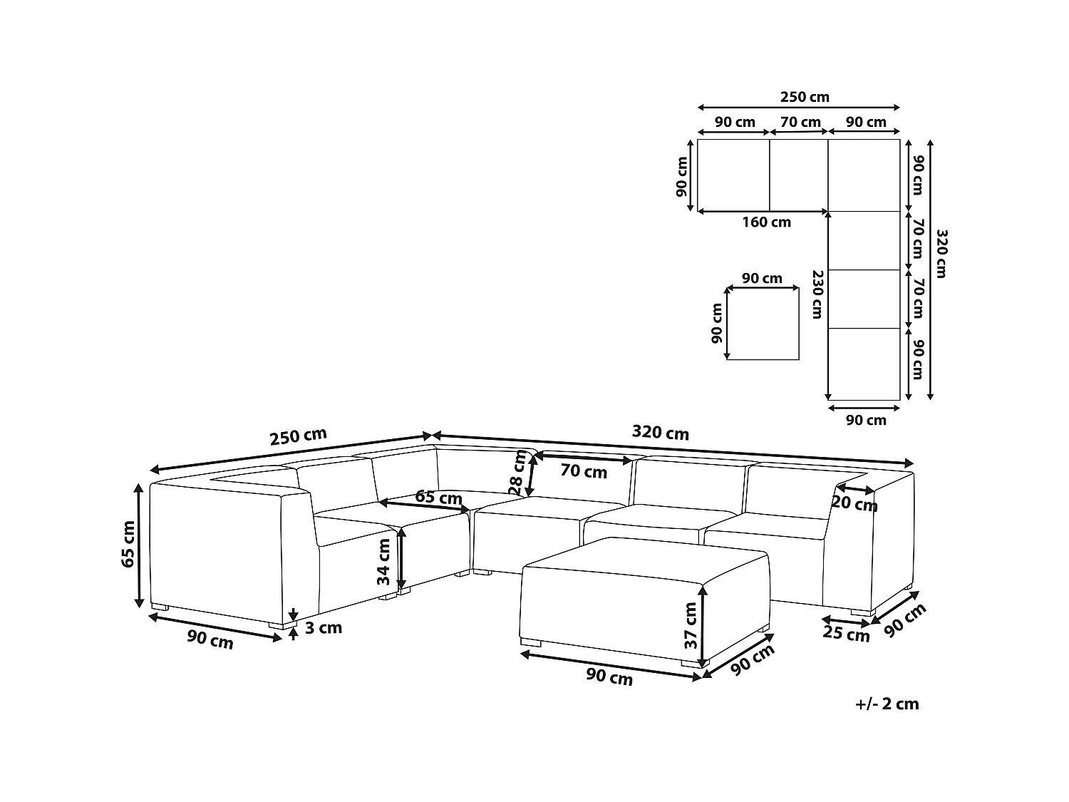 Canapé d'angle de jardin avec ottoman 7 places AREZZO Côté droit Gris clair