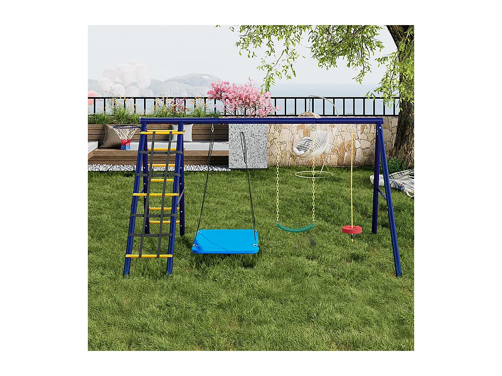 Ensemble de balançoires jardin 3 balançoires + portique escalade + panier basket aire de jeux extérieur