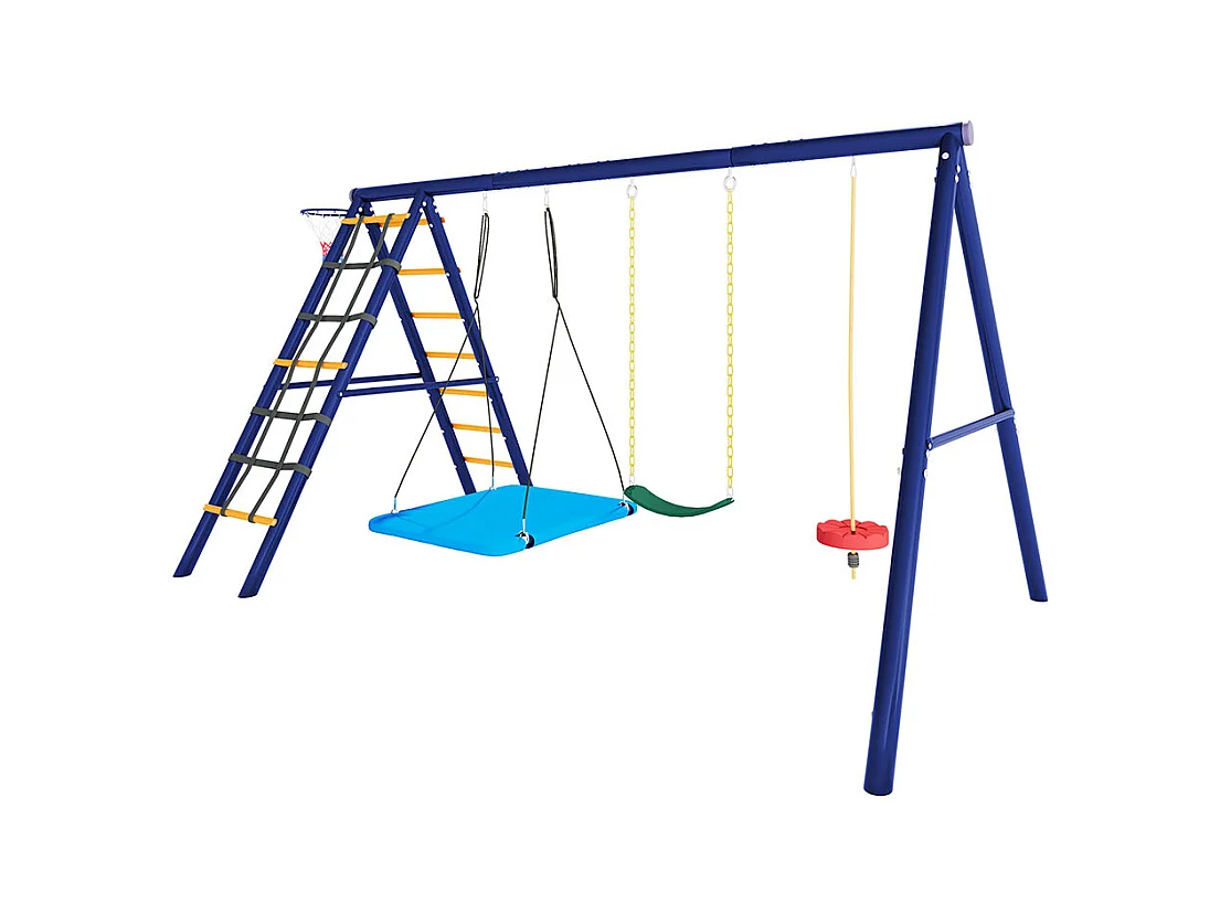 Ensemble de balançoires jardin 3 balançoires + portique escalade + panier basket aire de jeux extérieur