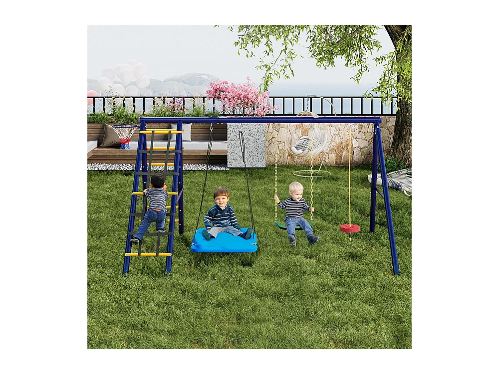 Ensemble de balançoires jardin 3 balançoires + portique escalade + panier basket aire de jeux extérieur