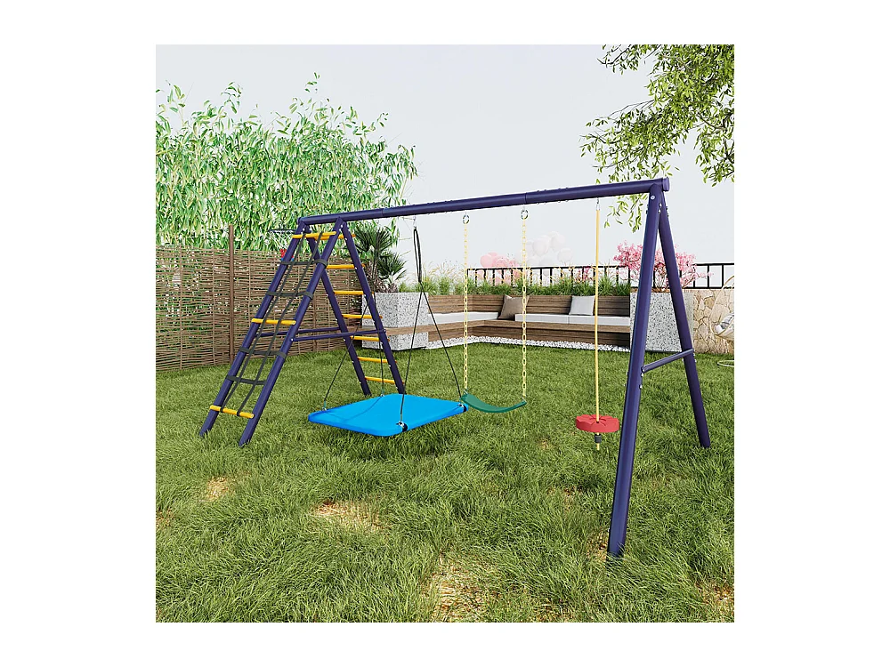 Ensemble de balançoires jardin 3 balançoires + portique escalade + panier basket aire de jeux extérieur