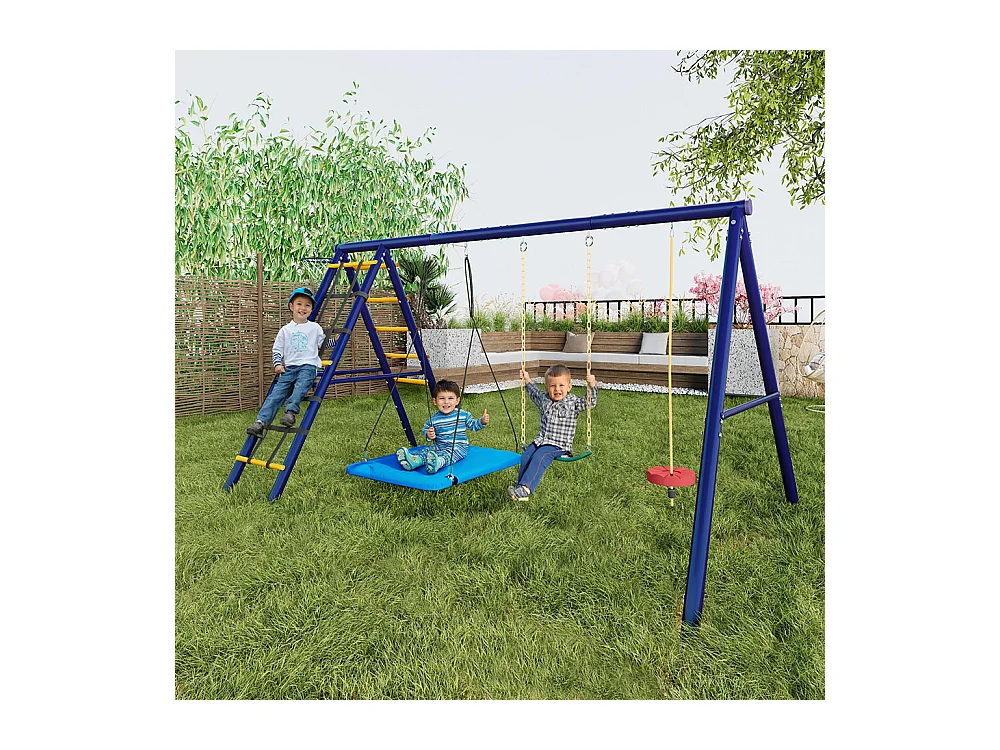 Ensemble de balançoires jardin 3 balançoires + portique escalade + panier basket aire de jeux extérieur