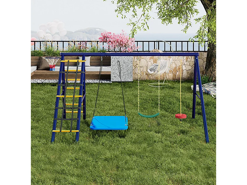 Ensemble de balançoires jardin 3 balançoires + portique escalade + panier basket aire de jeux extérieur