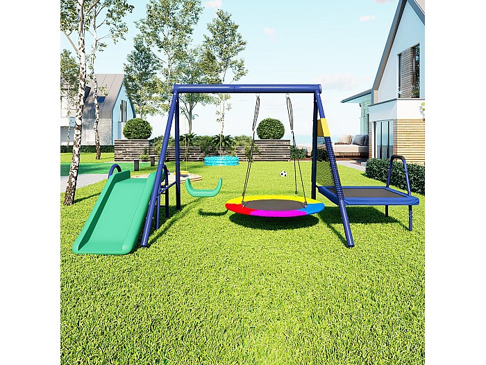 COSTWAY 5 en 1 Balançoire Enfants Extérieur avec Panier de Basket, Balançoire Nid d'Oiseau 66 cm et en U avec Hauteur Réglable, Filet & Echelle d'Escalade, Charge 75kg pour 3-12 Ans