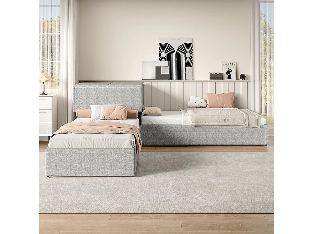 Lit gigogne 90x200 cm lit d'angle deux lits simples lit fonctionnel avec espace de rangement avec armoire et tiroir Lin Gris