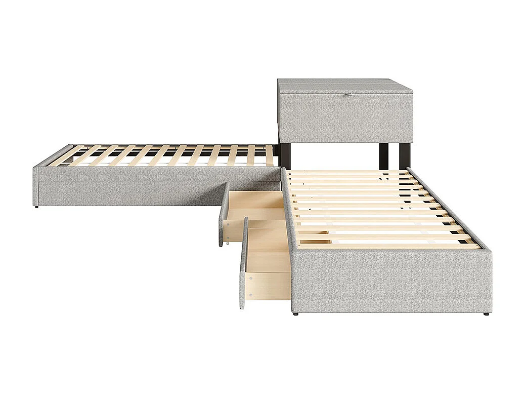 Lit gigogne 90x200 cm lit d'angle deux lits simples lit fonctionnel avec espace de rangement avec armoire et tiroir Lin Gris