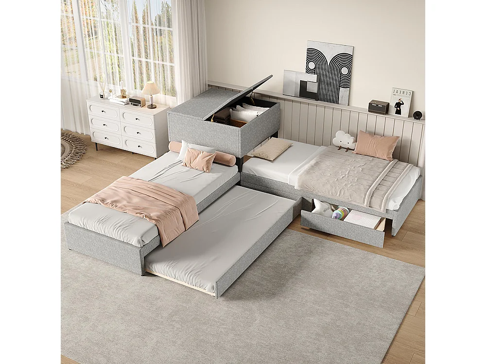 Lit gigogne 90x200 cm lit d'angle deux lits simples lit fonctionnel avec espace de rangement avec armoire et tiroir Lin Gris