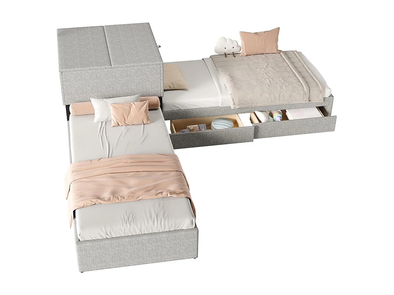 Lit gigogne 90x200 cm lit d'angle deux lits simples lit fonctionnel avec espace de rangement avec armoire et tiroir Lin Gris