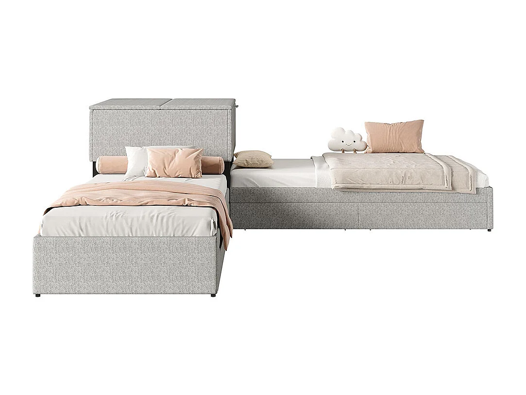 Lit gigogne 90x200 cm lit d'angle deux lits simples lit fonctionnel avec espace de rangement avec armoire et tiroir Lin Gris