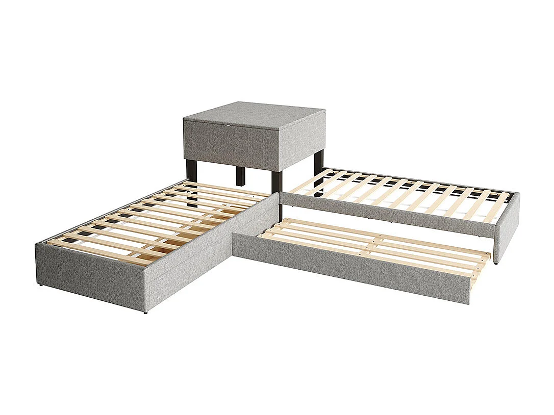 Lit gigogne 90x200 cm lit d'angle deux lits simples lit fonctionnel avec espace de rangement avec armoire et tiroir Lin Gris