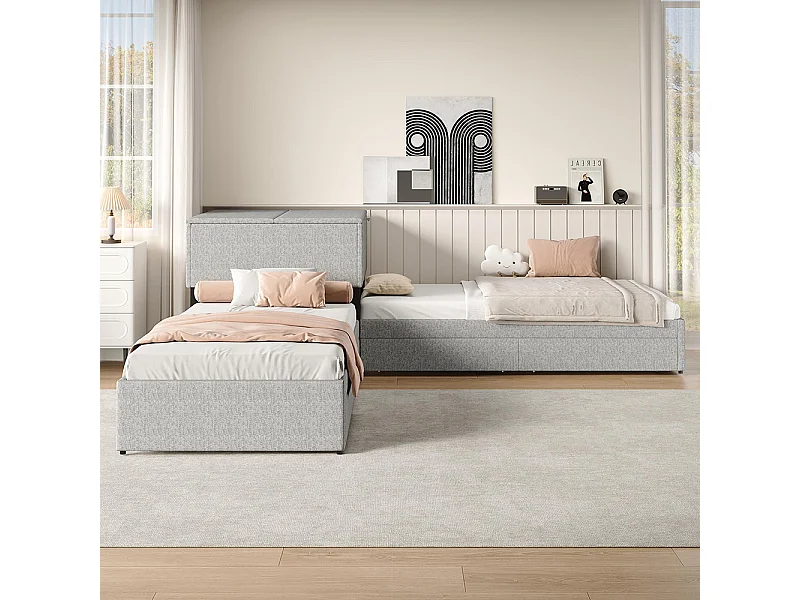Lit gigogne 90x200 cm lit d'angle deux lits simples lit fonctionnel avec espace de rangement avec armoire et tiroir Lin Gris