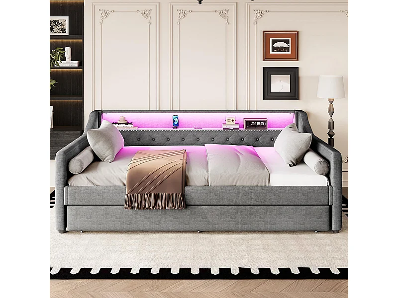 Lit gigogne Lit de jour 90x200 cm avec sommier à lattes éclairage d'ambiance avec télécommande lit avec prise de charge USB lin gris