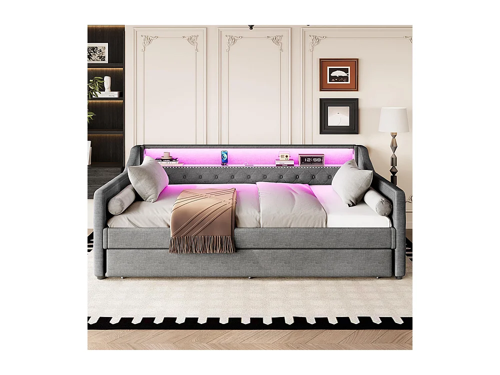 Lit gigogne Lit de jour 90x200 cm avec sommier à lattes éclairage d'ambiance avec télécommande lit avec prise de charge USB lin gris