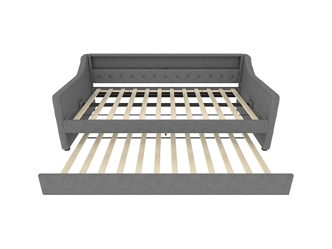 Lit gigogne Lit de jour 90x200 cm avec sommier à lattes éclairage d'ambiance avec télécommande lit avec prise de charge USB lin gris