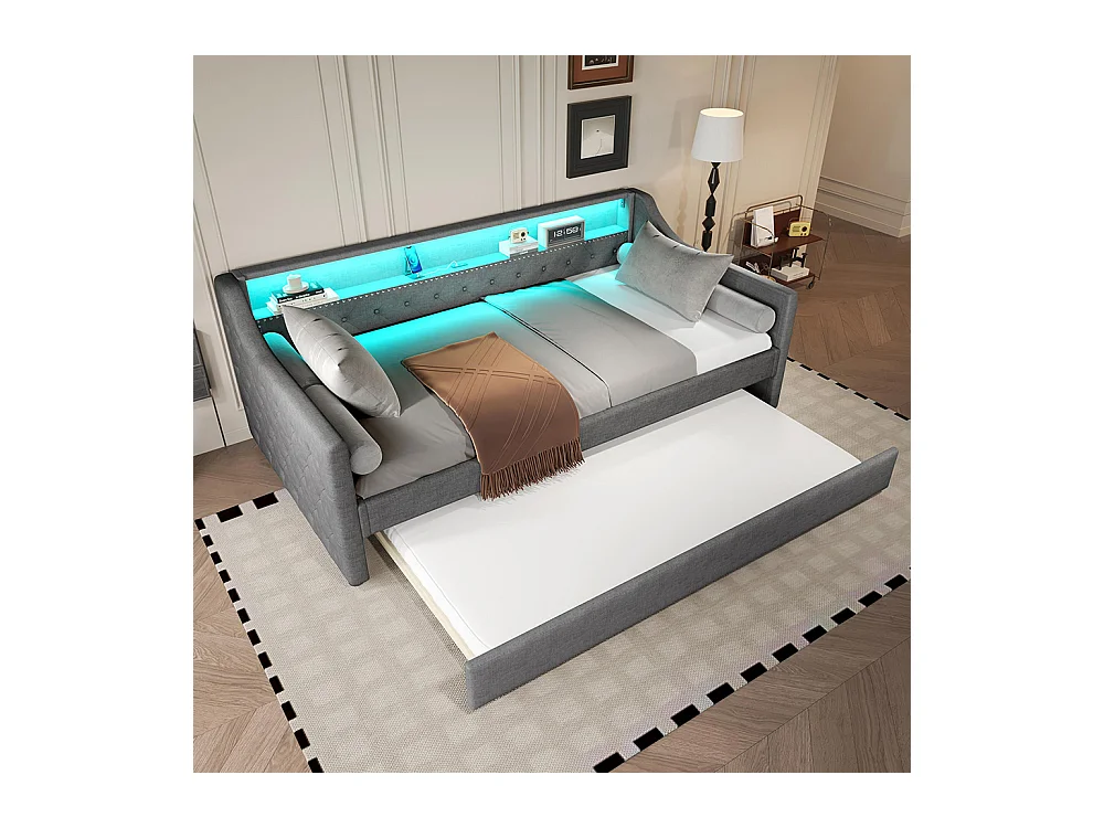 Lit gigogne Lit de jour 90x200 cm avec sommier à lattes éclairage d'ambiance avec télécommande lit avec prise de charge USB lin gris