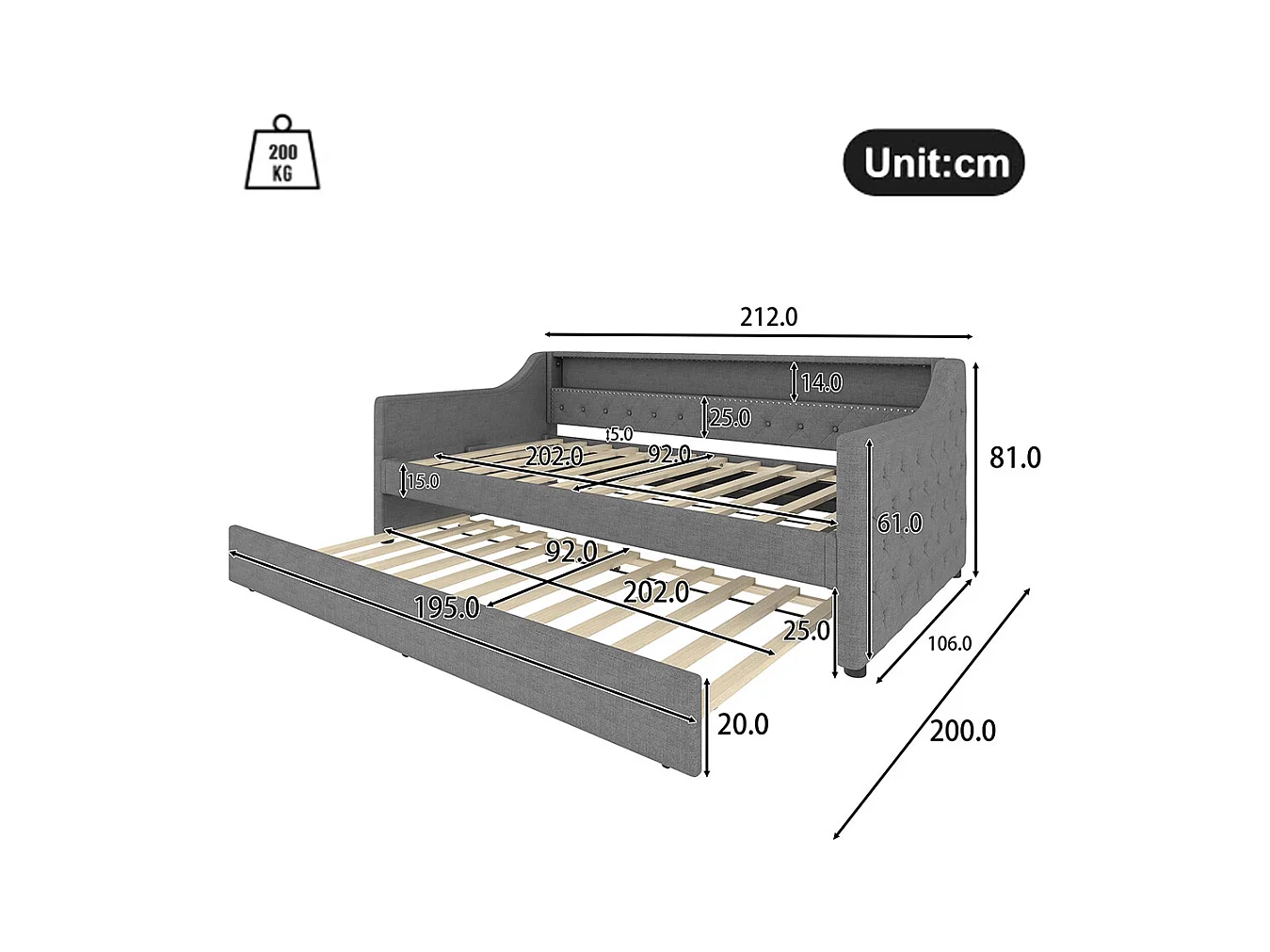 Lit gigogne Lit de jour 90x200 cm avec sommier à lattes éclairage d'ambiance avec télécommande lit avec prise de charge USB lin gris
