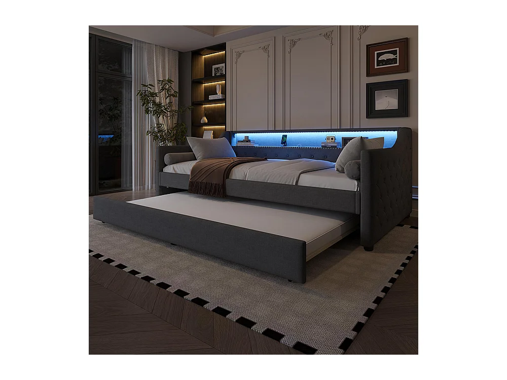 Lit gigogne Lit de jour 90x200 cm avec sommier à lattes éclairage d'ambiance avec télécommande lit avec prise de charge USB lin gris