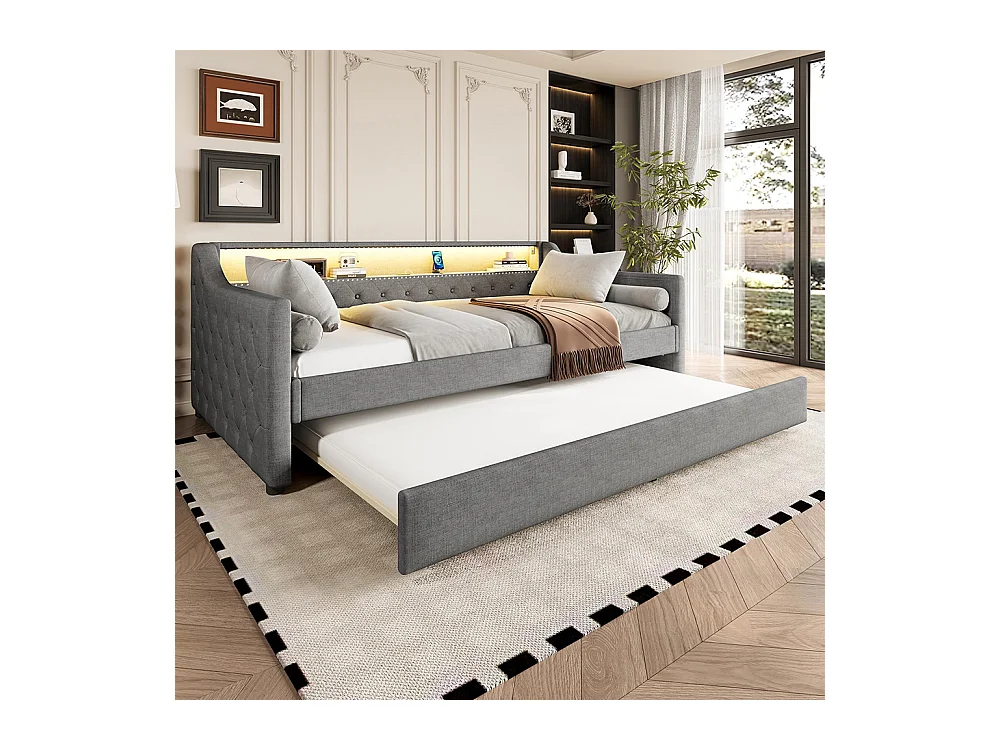 Lit gigogne Lit de jour 90x200 cm avec sommier à lattes éclairage d'ambiance avec télécommande lit avec prise de charge USB lin gris