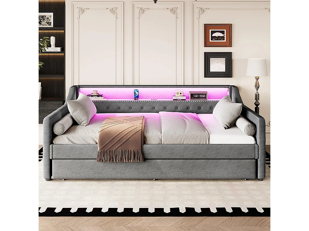 Lit gigogne Lit de jour 90x200 cm avec sommier à lattes éclairage d'ambiance avec télécommande lit avec prise de charge USB lin gris