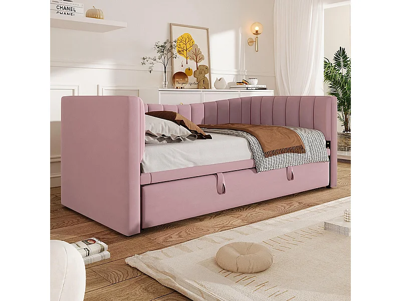 Lit gigogne Lit de jour 90x200 cm (180x200 cm) lit simple lit double avec sommier velours style minimaliste Rose