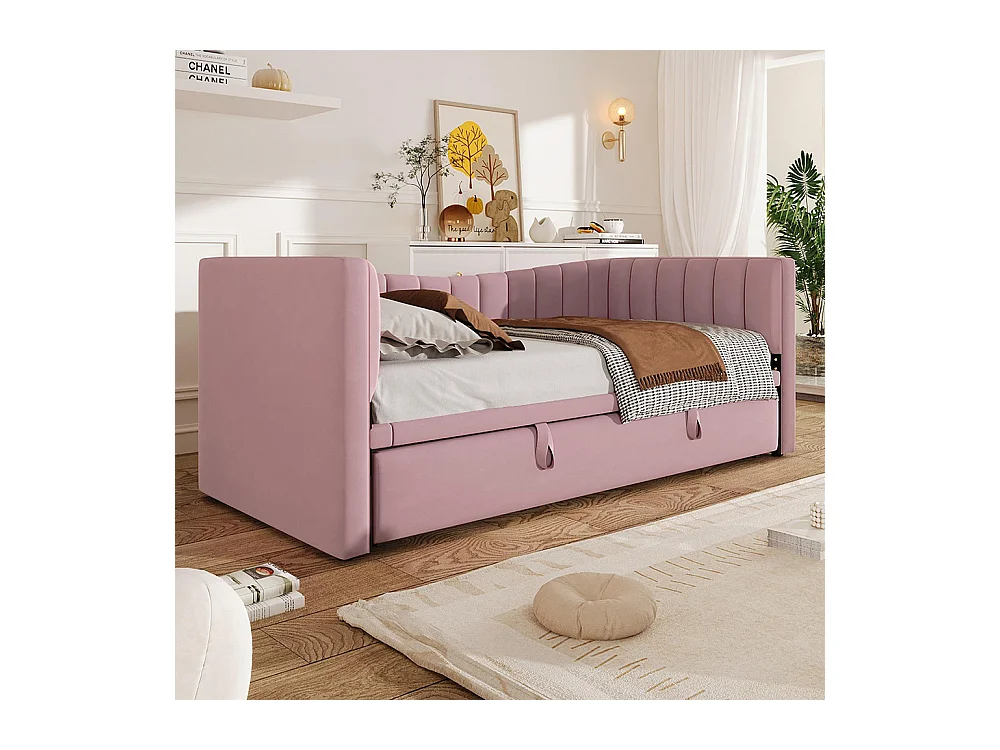 Lit gigogne Lit de jour 90x200 cm (180x200 cm) lit simple lit double avec sommier velours style minimaliste Rose