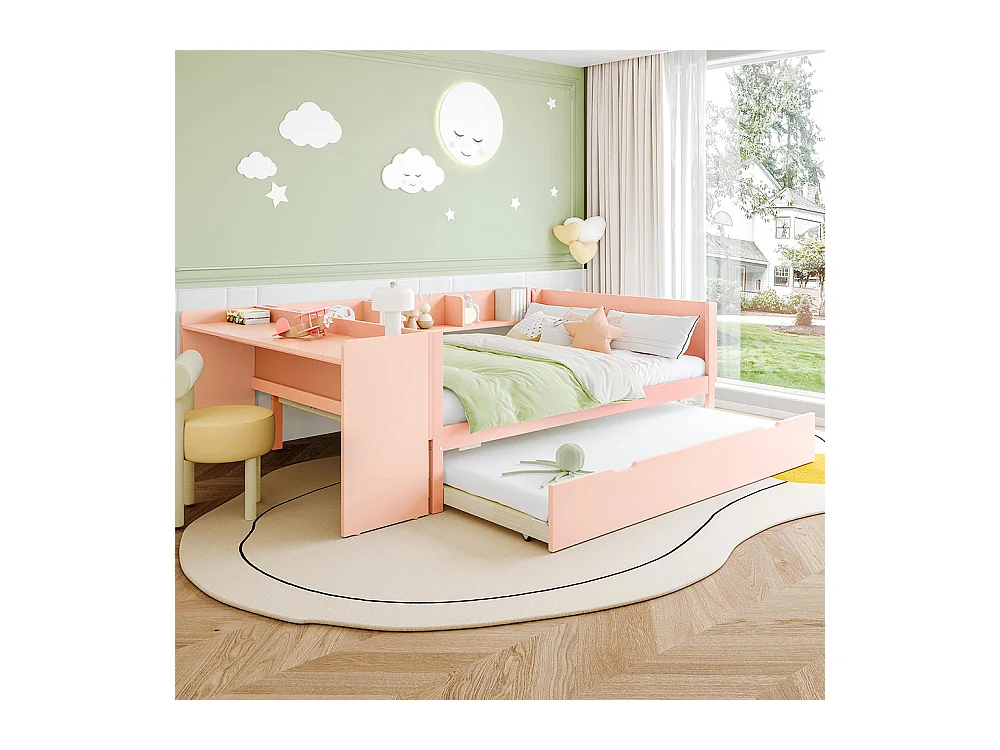 Lit gigogne Lit plat 140x200 cm avec bureau avec lit à roulettes lit double avec étagères pin + panneau de particules Rose