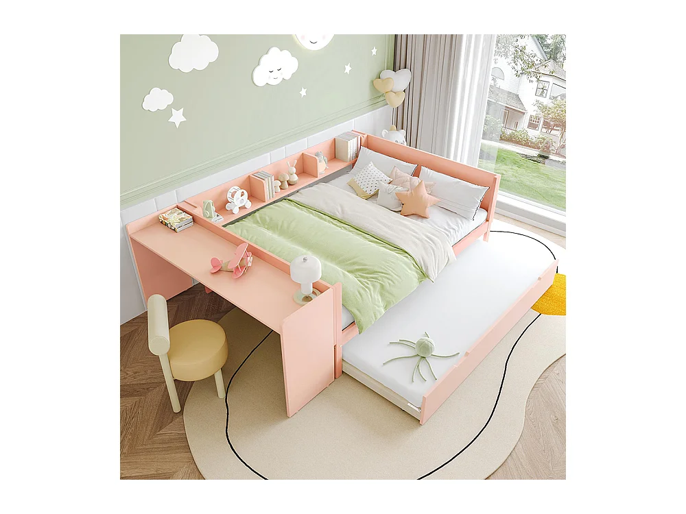 Lit gigogne Lit plat 140x200 cm avec bureau avec lit à roulettes lit double avec étagères pin + panneau de particules Rose