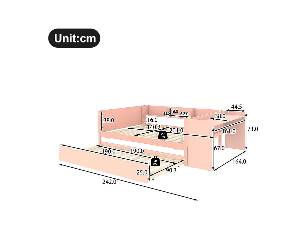 Lit gigogne Lit plat 140x200 cm avec bureau avec lit à roulettes lit double avec étagères pin + panneau de particules Rose