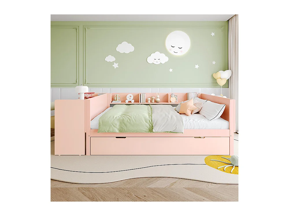 Lit gigogne Lit plat 140x200 cm avec bureau avec lit à roulettes lit double avec étagères pin + panneau de particules Rose