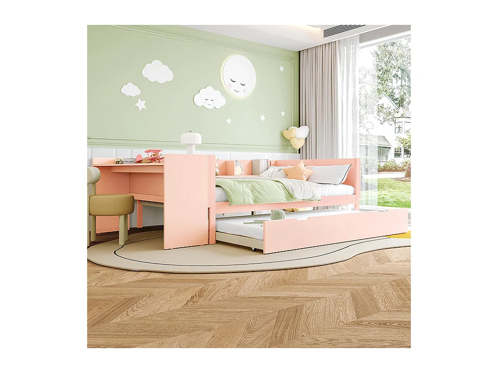 Lit gigogne Lit plat 140x200 cm avec bureau avec lit à roulettes lit double avec étagères pin + panneau de particules Rose