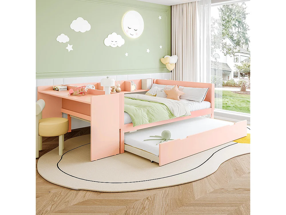 Lit gigogne Lit plat 140x200 cm avec bureau avec lit à roulettes lit double avec étagères pin + panneau de particules Rose