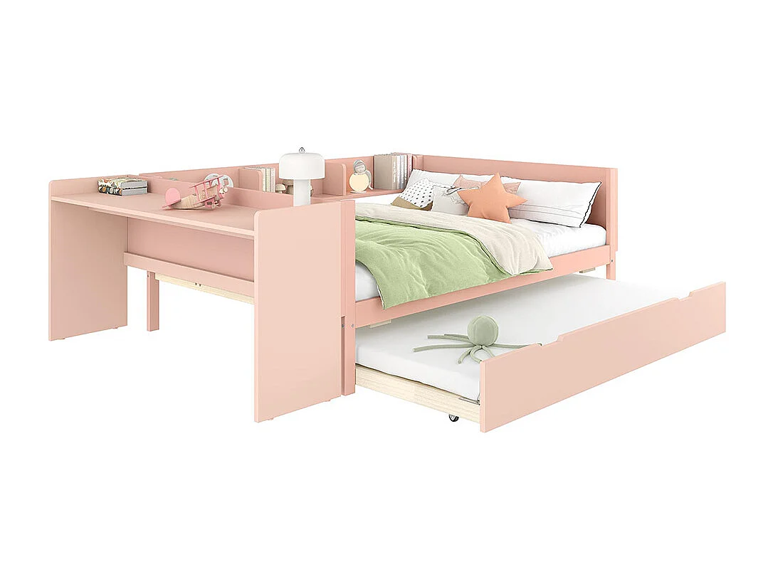Lit gigogne Lit plat 140x200 cm avec bureau avec lit à roulettes lit double avec étagères pin + panneau de particules Rose