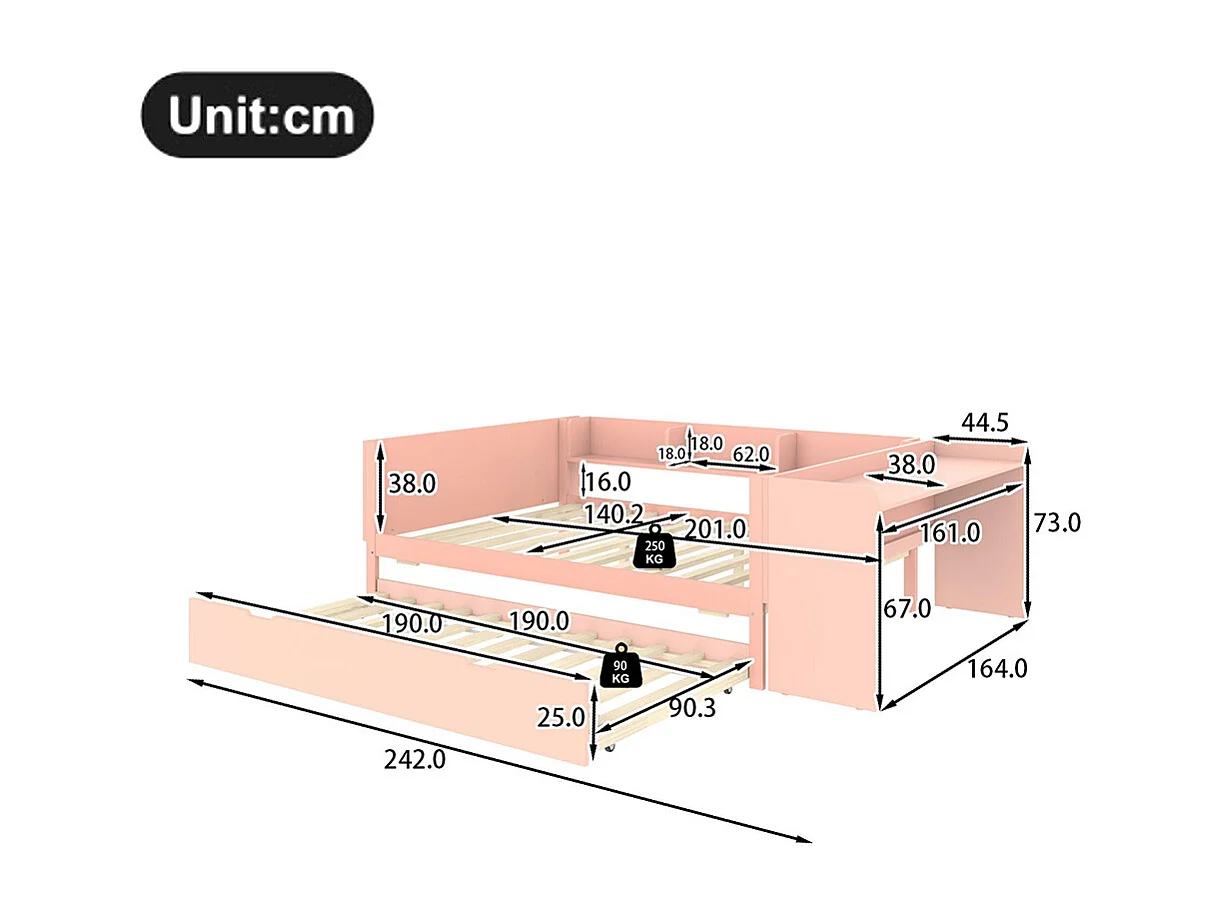 Lit gigogne Lit plat 140x200 cm avec bureau avec lit à roulettes lit double avec étagères pin + panneau de particules Rose