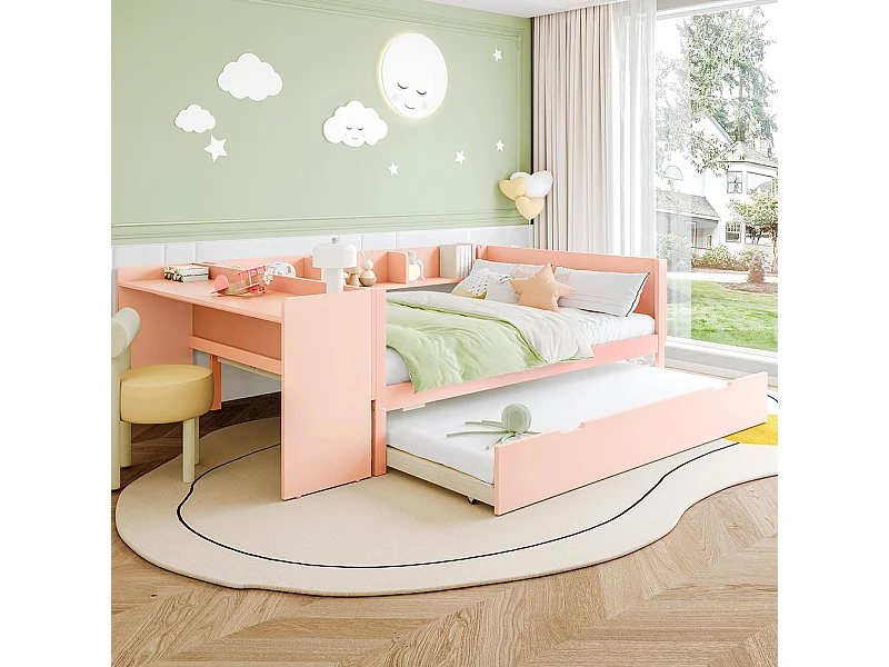 Lit gigogne Lit plat 140x200 cm avec bureau avec lit à roulettes lit double avec étagères pin + panneau de particules Rose
