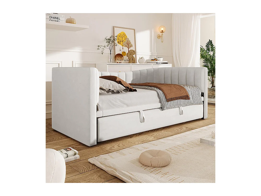 Lit gigogne Lit de jour 90x200 cm (180x200 cm) lit simple lit double avec sommier velours style minimaliste Blanc