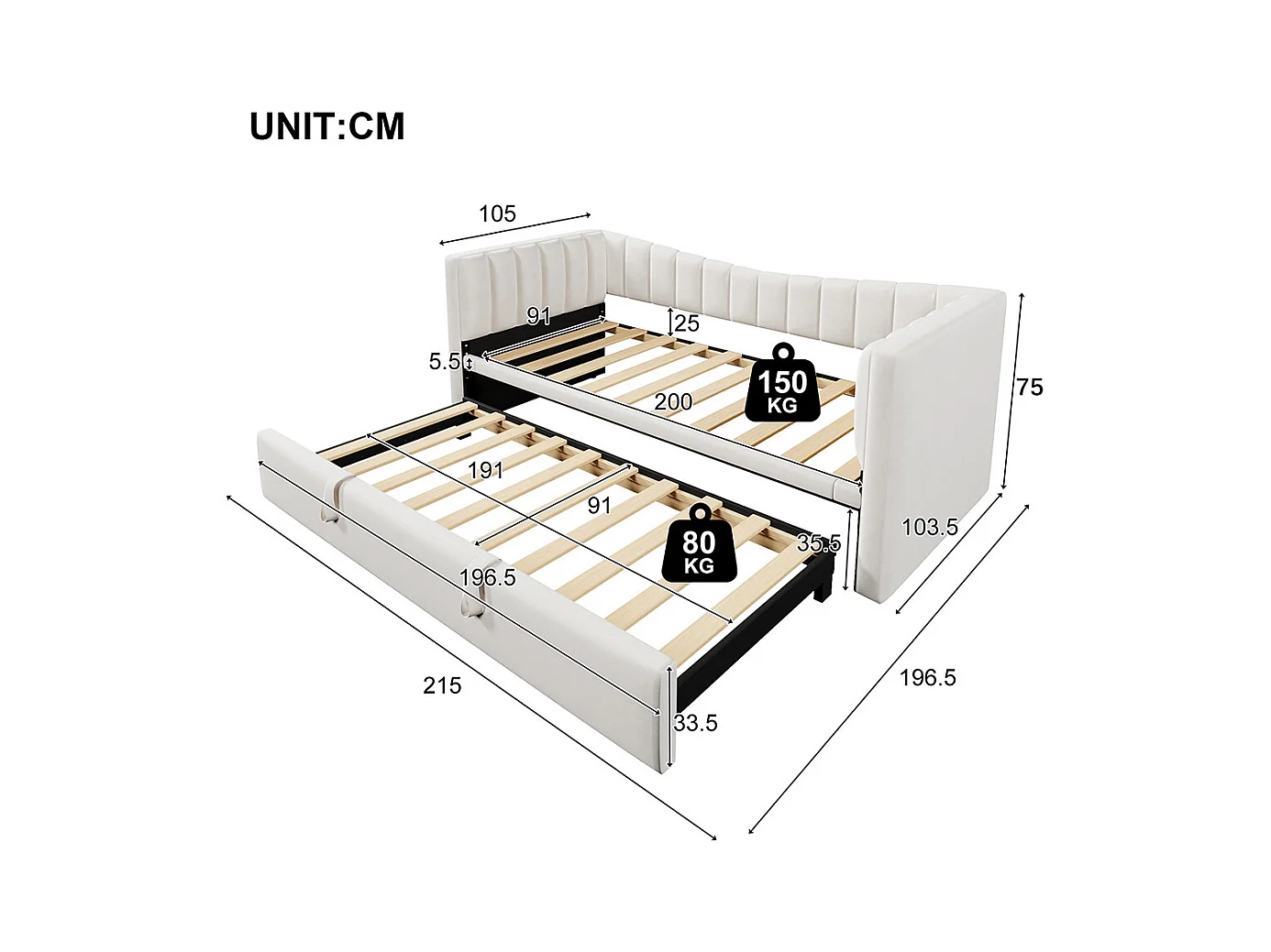 Lit gigogne Lit de jour 90x200 cm (180x200 cm) lit simple lit double avec sommier velours style minimaliste Blanc