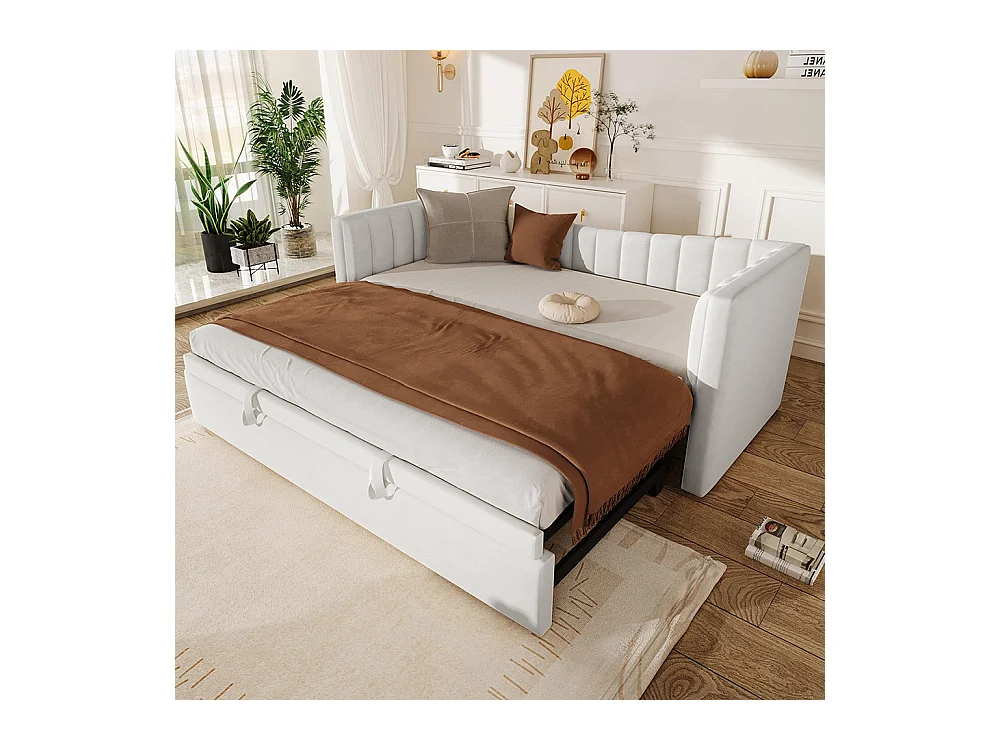 Lit gigogne Lit de jour 90x200 cm (180x200 cm) lit simple lit double avec sommier velours style minimaliste Blanc