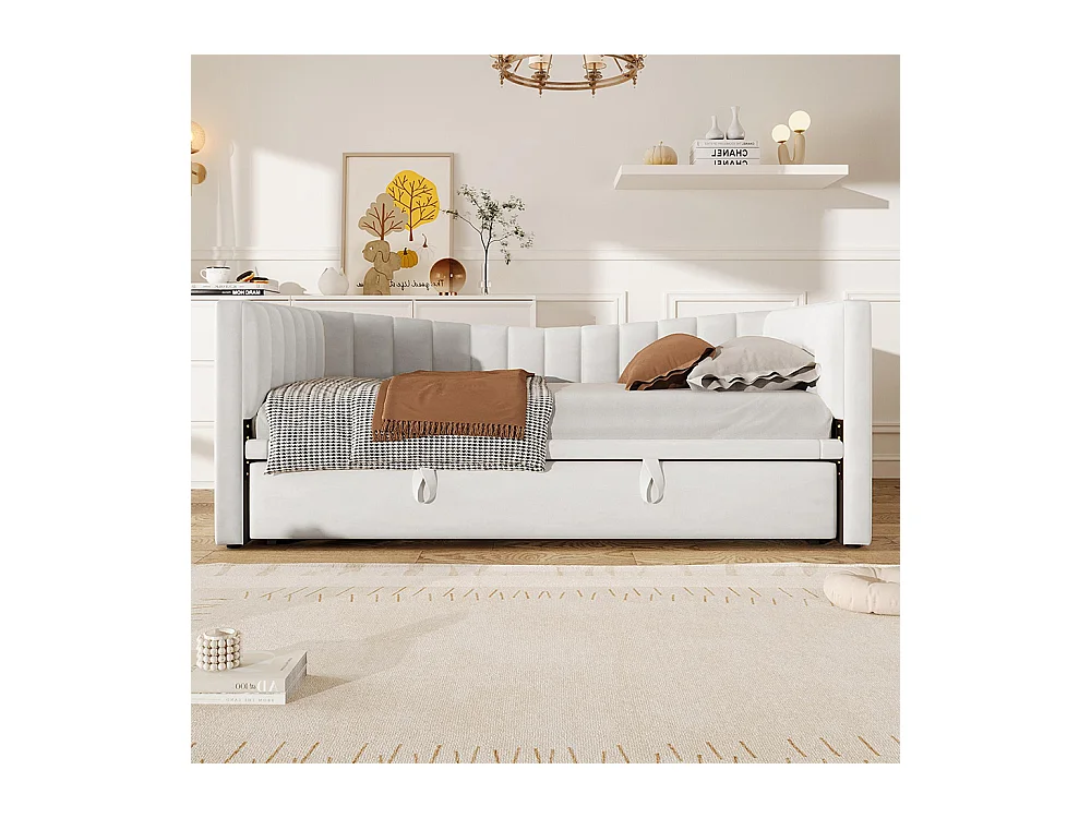 Lit gigogne Lit de jour 90x200 cm (180x200 cm) lit simple lit double avec sommier velours style minimaliste Blanc