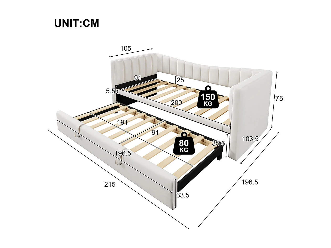 Lit gigogne Lit de jour 90x200 cm (180x200 cm) lit simple lit double avec sommier velours style minimaliste Blanc