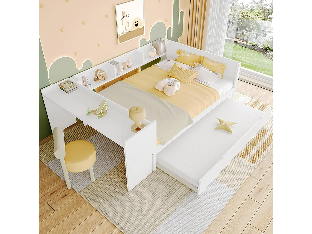 Lit gigogne Lit plat 140x200 cm avec bureau avec lit à roulettes lit double avec étagères pin + panneau de particules Blanc