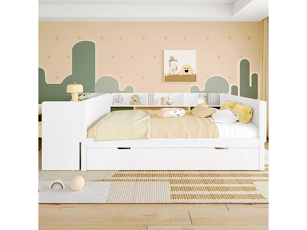 Lit gigogne Lit plat 140x200 cm avec bureau avec lit à roulettes lit double avec étagères pin + panneau de particules Blanc