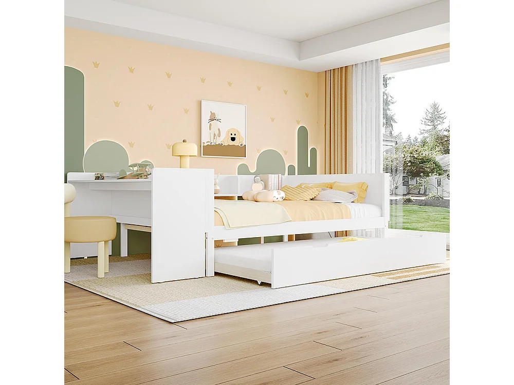 Lit gigogne Lit plat 140x200 cm avec bureau avec lit à roulettes lit double avec étagères pin + panneau de particules Blanc