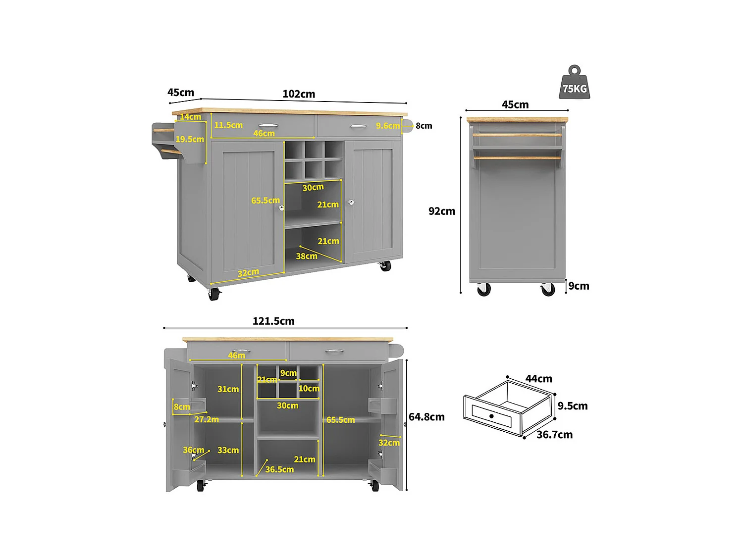 Desserte de cuisine moderne avec espace de rangement et veinure de bois couleur gris anthracite