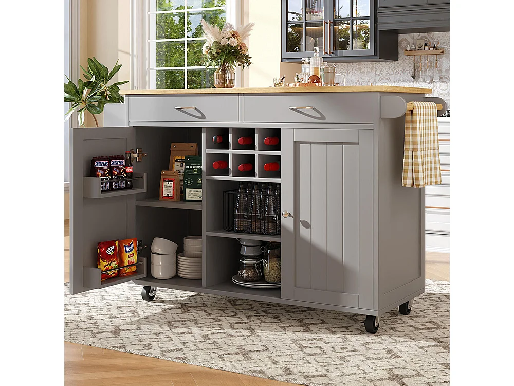 Desserte de cuisine moderne avec espace de rangement et veinure de bois couleur gris anthracite