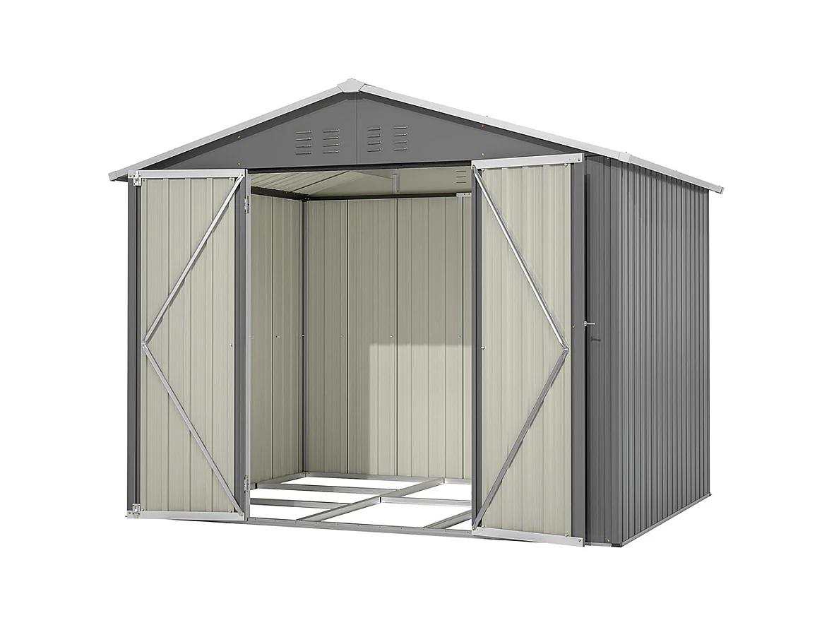 Abri de jardin métal 8x6 pieds avec porte battante pour rangement outils et équipements extérieurs résistant aux intempéries gris