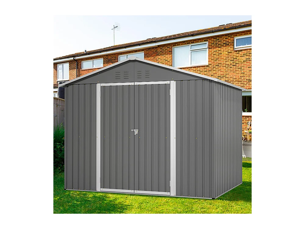 Abri de jardin métal 8x6 pieds avec porte battante pour rangement outils et équipements extérieurs résistant aux intempéries gris