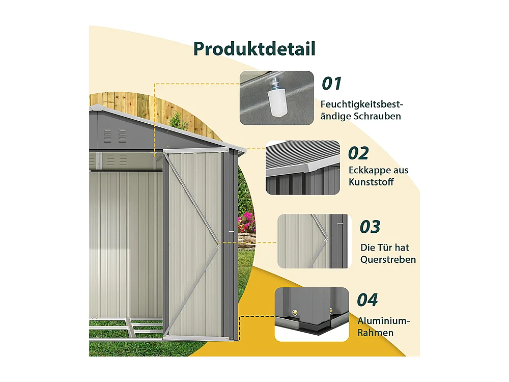 Abri de jardin métal 8x6 pieds avec porte battante pour rangement outils et équipements extérieurs résistant aux intempéries gris