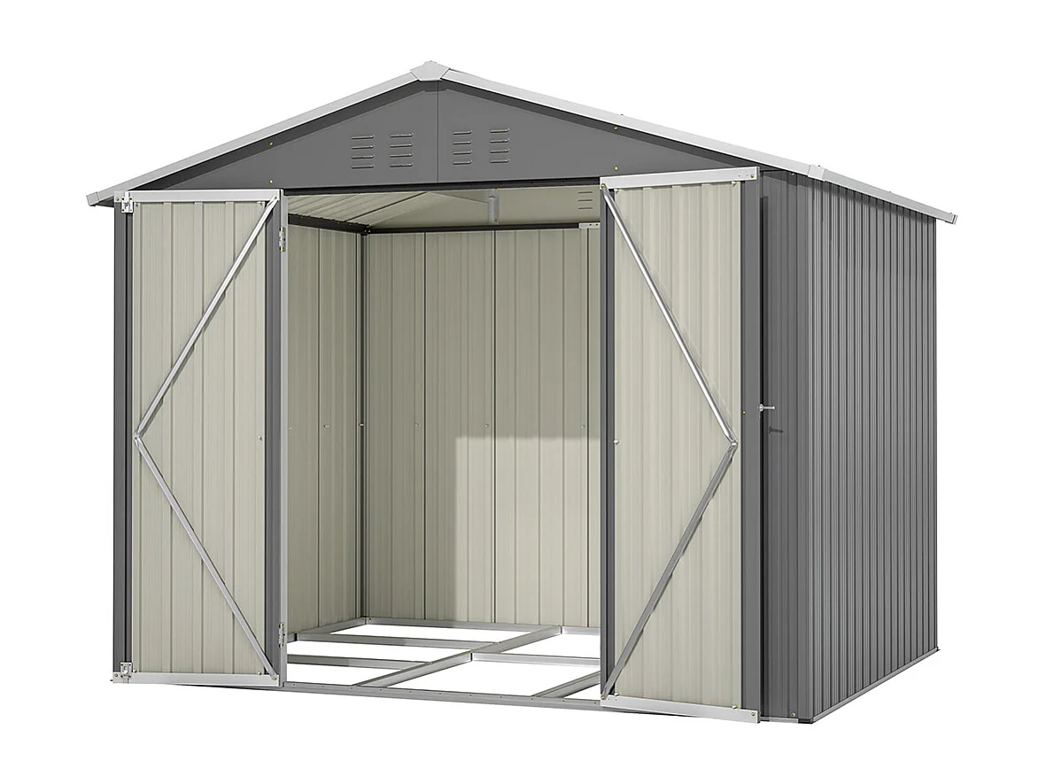 Abri de jardin métal 8x6 pieds avec porte battante pour rangement outils et équipements extérieurs résistant aux intempéries gris